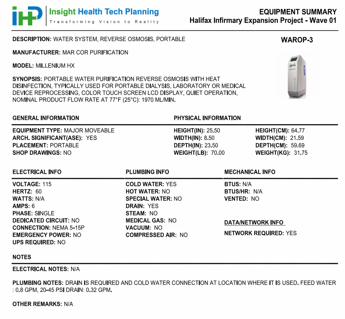 Equipment cutsheet used as a reference for BIM content