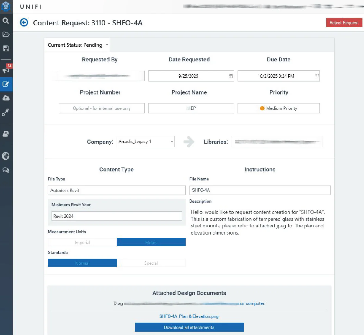 UNIFI content request form for a Revit family