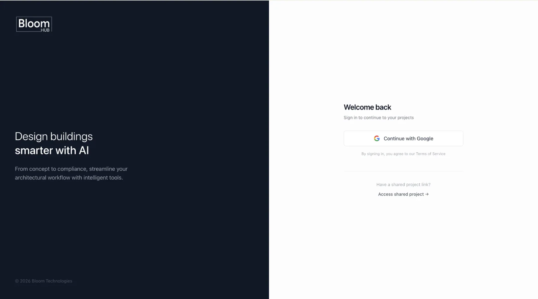 Bloom Hub private login screen