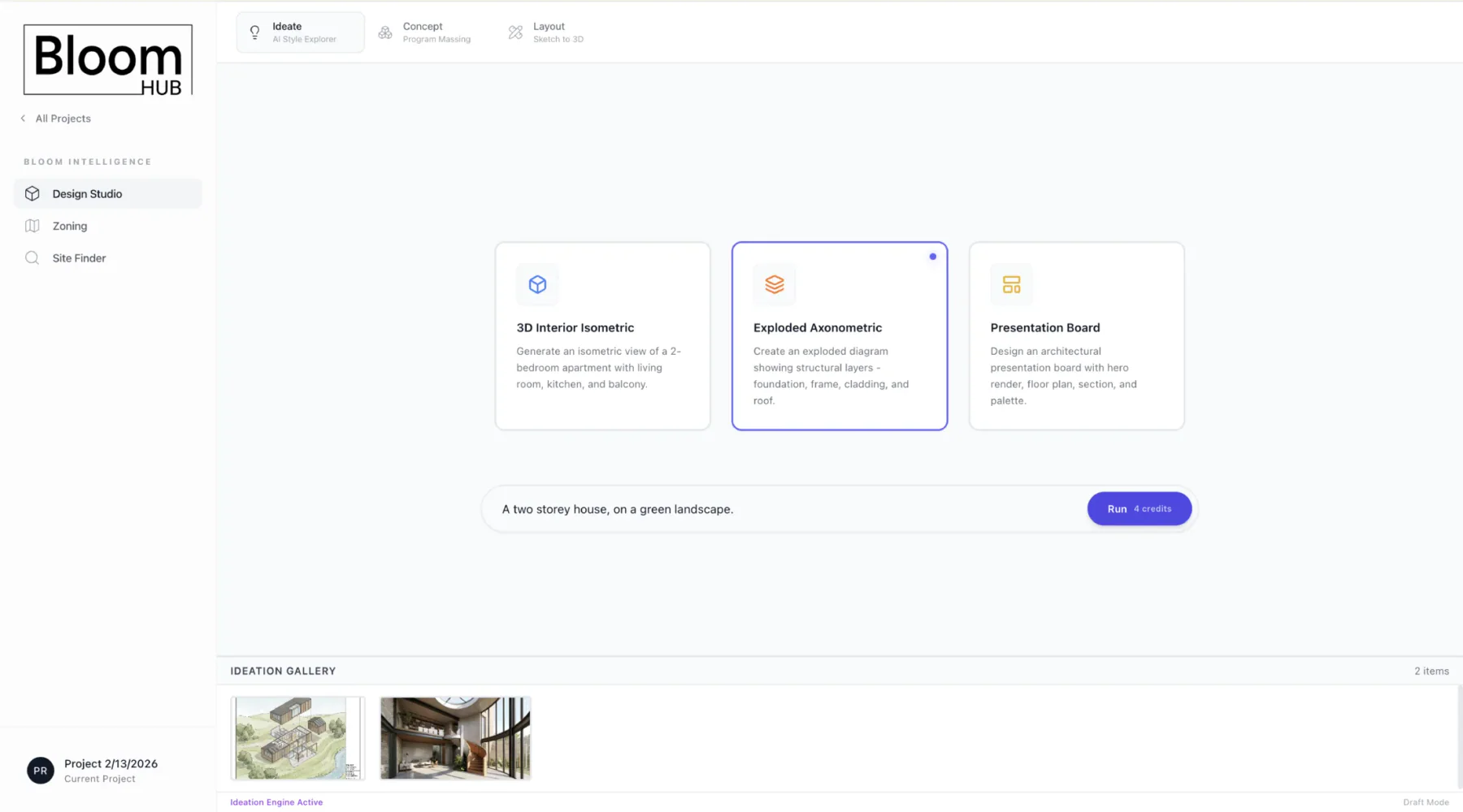 Bloom Hub design studio ideation interface
