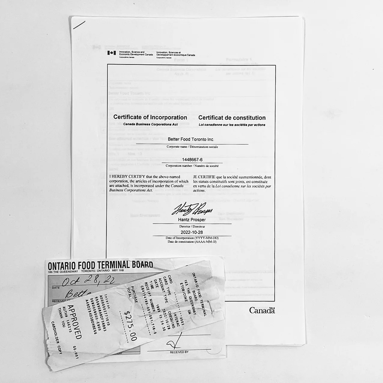 Certificate of Incorporation — Better Food Toronto Inc. with Ontario Food Terminal Board receipt